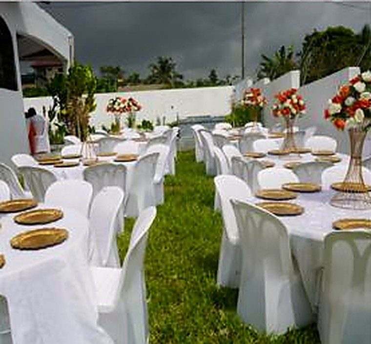 Tables dressées sur la pelouse du jardin