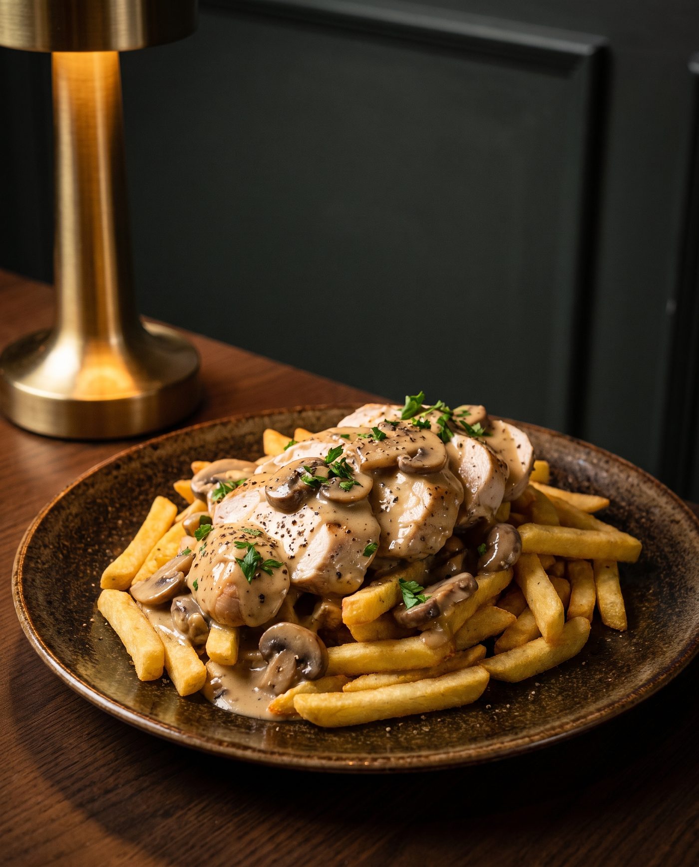 Frites au poulet à la crème et aux champignons